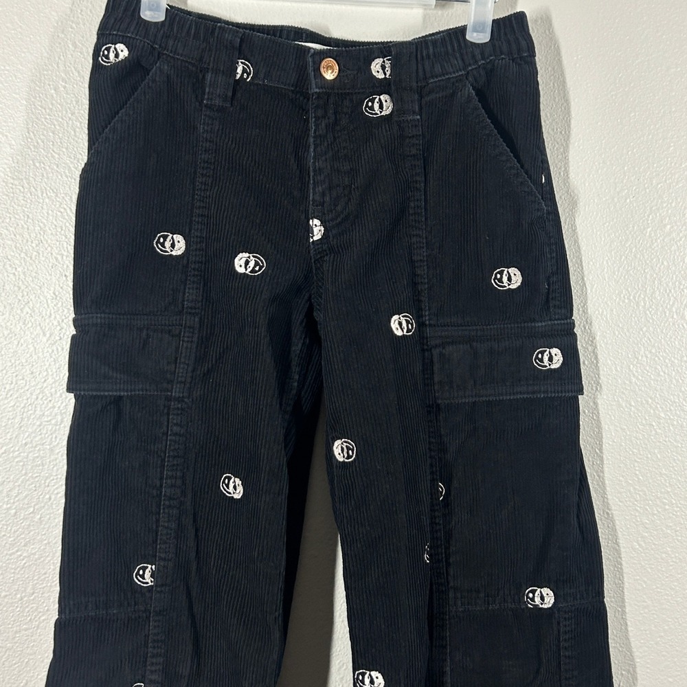 PacSun Low Rise Puddle Black Corduroy Smiley Face Wide Leg Cargo Pants XS